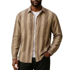 Ben Sherman Textured Button Front Dress Shirt Retro Vibe Brown Stripes Size XL